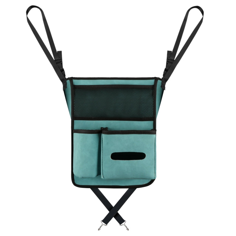 Blue car center console hanging storage bag with mesh front pocket and two side compartments