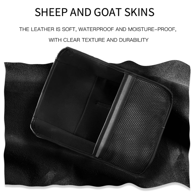 Black sheepskin-style leather storage bag panel with textured, mesh-like pocket inset
