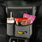 Grey hanging console storage bag with front mesh pocket and two accessory side pouches
