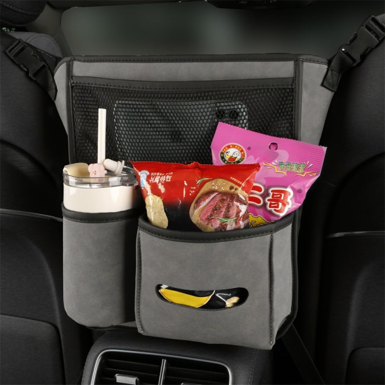 Grey hanging console storage bag with front mesh pocket and two accessory side pouches