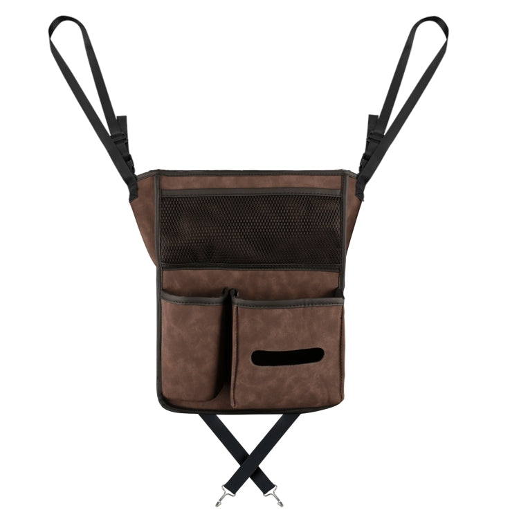 Brown car center console hanging storage bag with mesh front pocket and two side straps