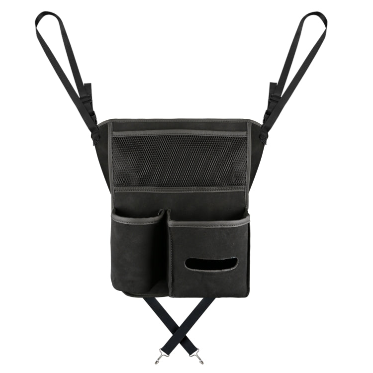 Black car center console hanging storage bag with mesh front pocket and two lower pouches