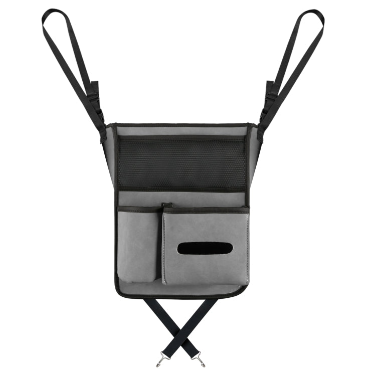 Grey car center console hanging storage bag with mesh top pocket and two side compartments