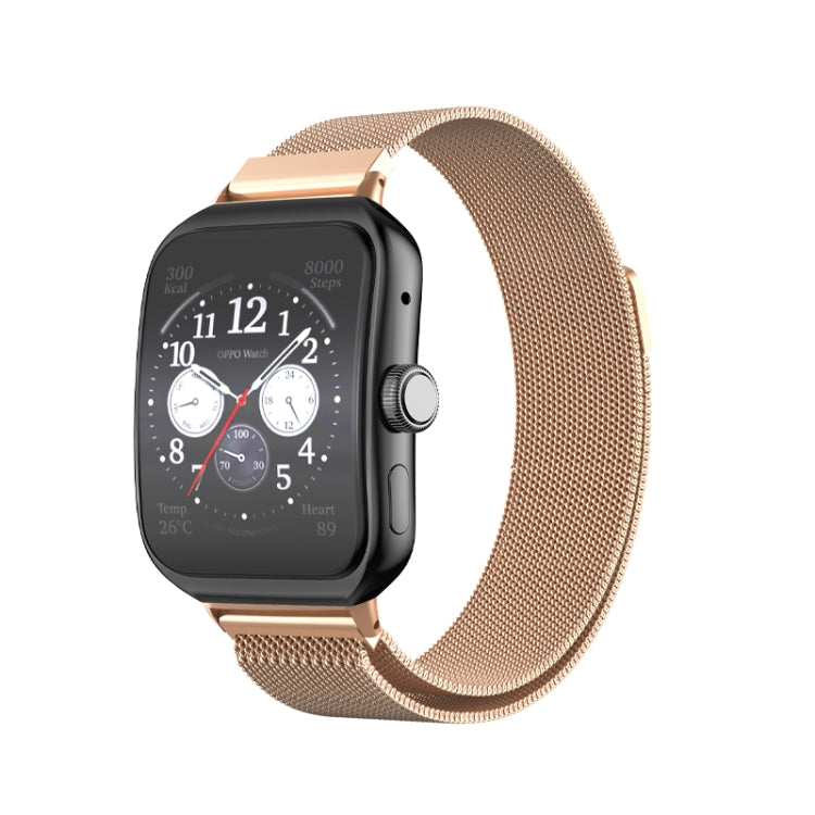 Milanese stainless steel watch band in rose gold, shown with a smartwatch.