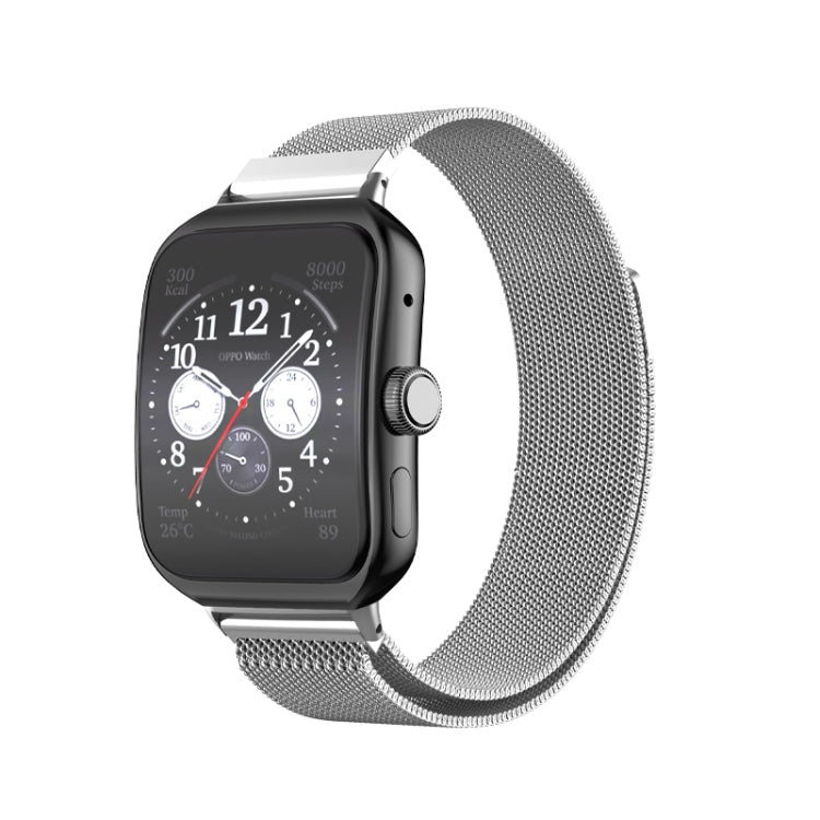 Milanese stainless steel watch band in silver, shown with a smartwatch.