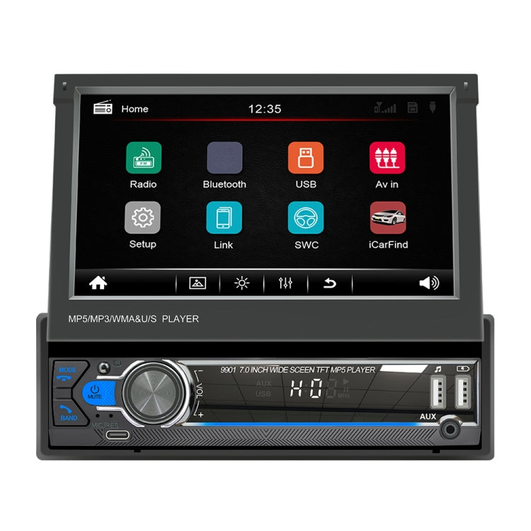 7-inch retractable car MP5 player with touchscreen display and control knobs