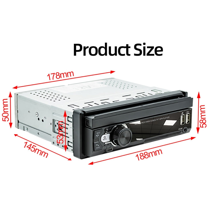 Car MP5 player dimensions diagram with retractable screen housing