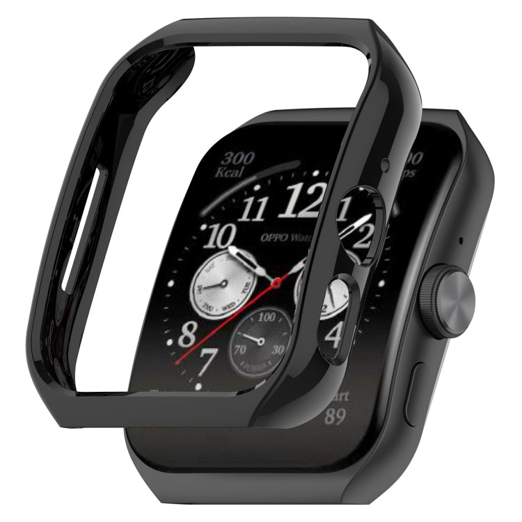 Black protective watch case with curved frame and open face, for OPPO Watch.