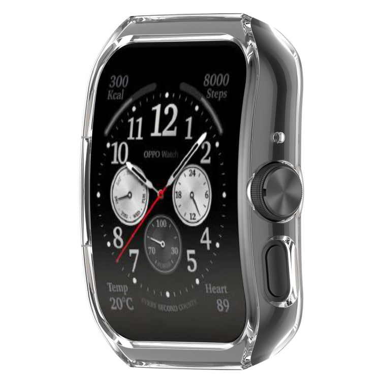 Transparent/silver protective watch case with clear bezel and side button openings, for OPPO Watch.