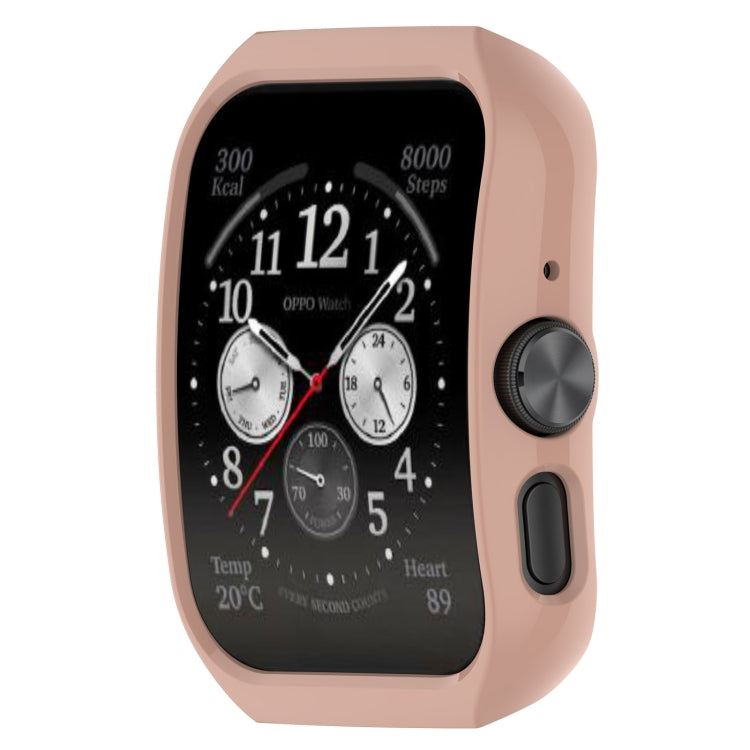 Pink protective watch case with curved frame and side controls, for OPPO Watch.