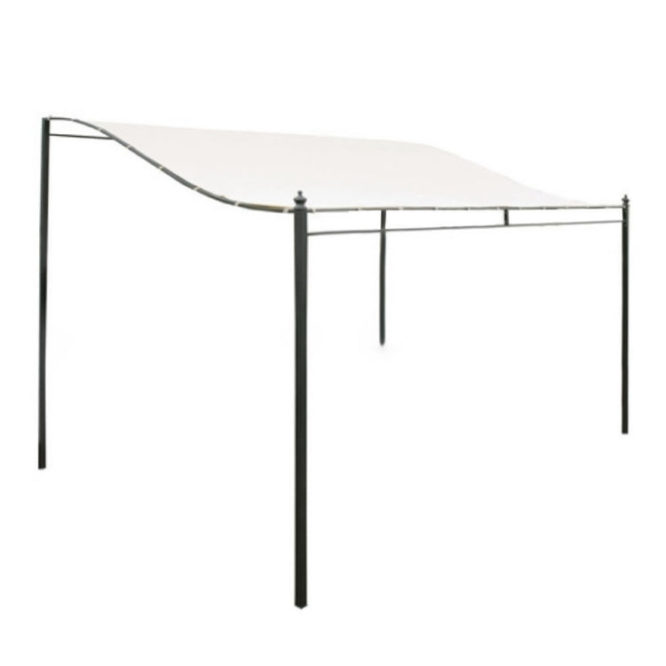 Waterproof patio shade awning with white canopy and black metal frame, angled view