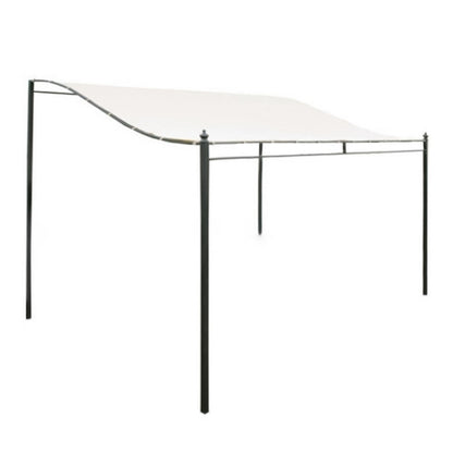 Waterproof patio shade awning with white canopy and black metal frame, angled view