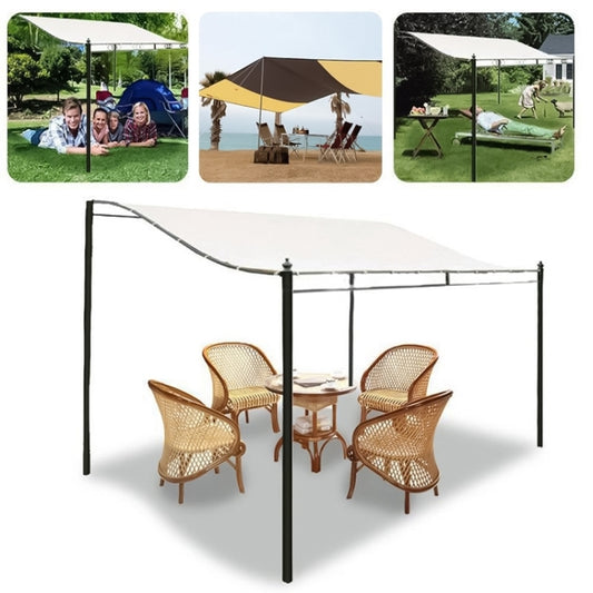 Waterproof patio shade awning with white canopy over outdoor dining set, black frame