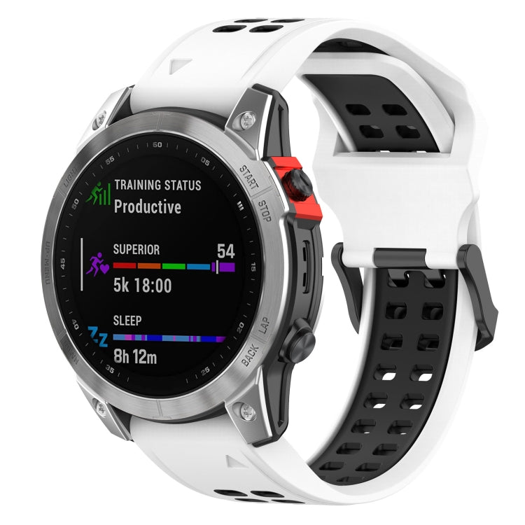 Two-tone silicone watch band with perforated strap and metal clasp; white and black.