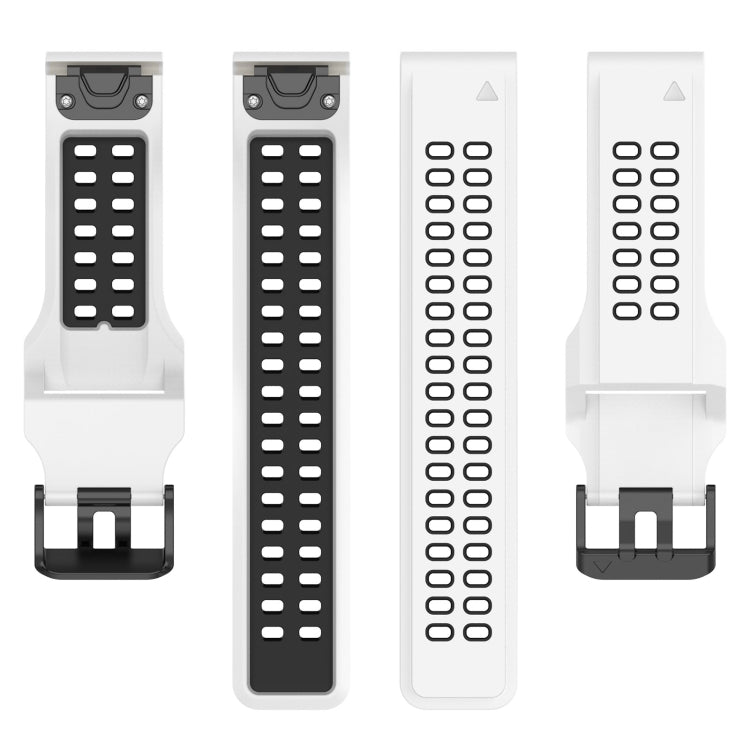 Two-tone silicone watch band details: perforated strap with clasp, shown front and side views.