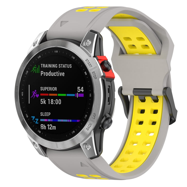Two-tone silicone watch band with perforated strap and metal clasp; gray and yellow.