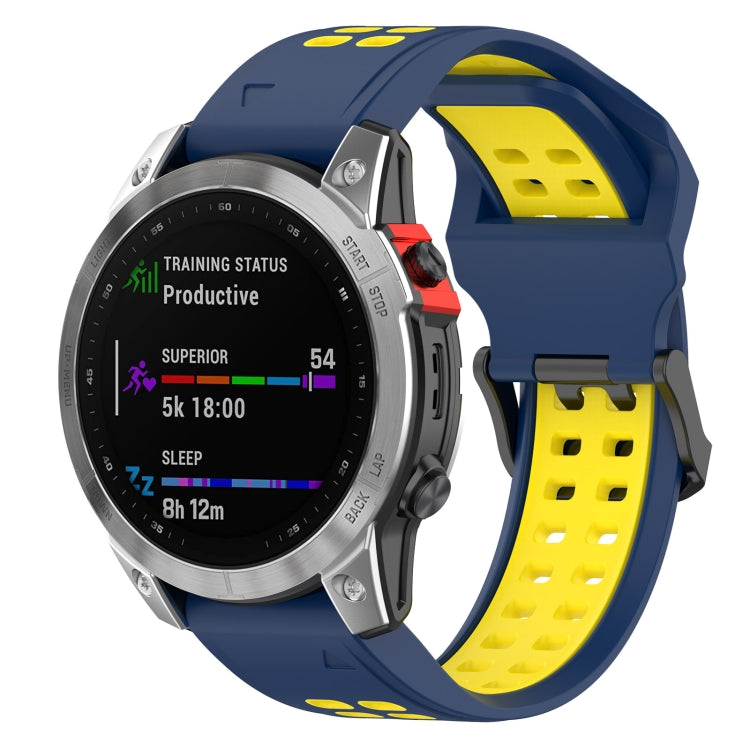 Two-color silicone watch band with dark blue outer strap and yellow perforated inside