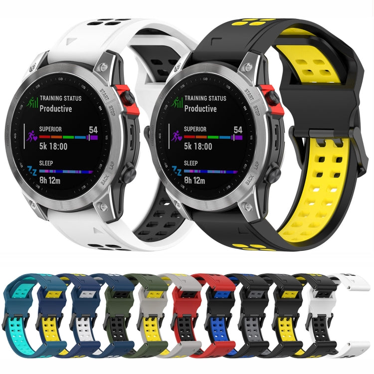 Two-color silicone watch bands on two watches: white/black straps with yellow accent