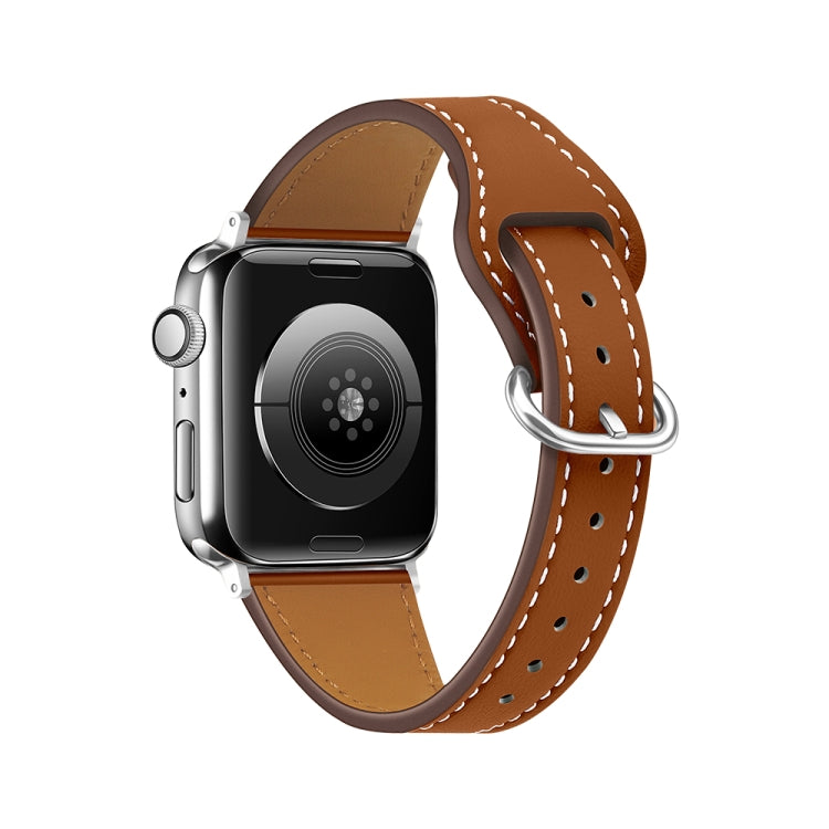 Brown leather Apple Watch band with silver buckle and white contrast stitching
