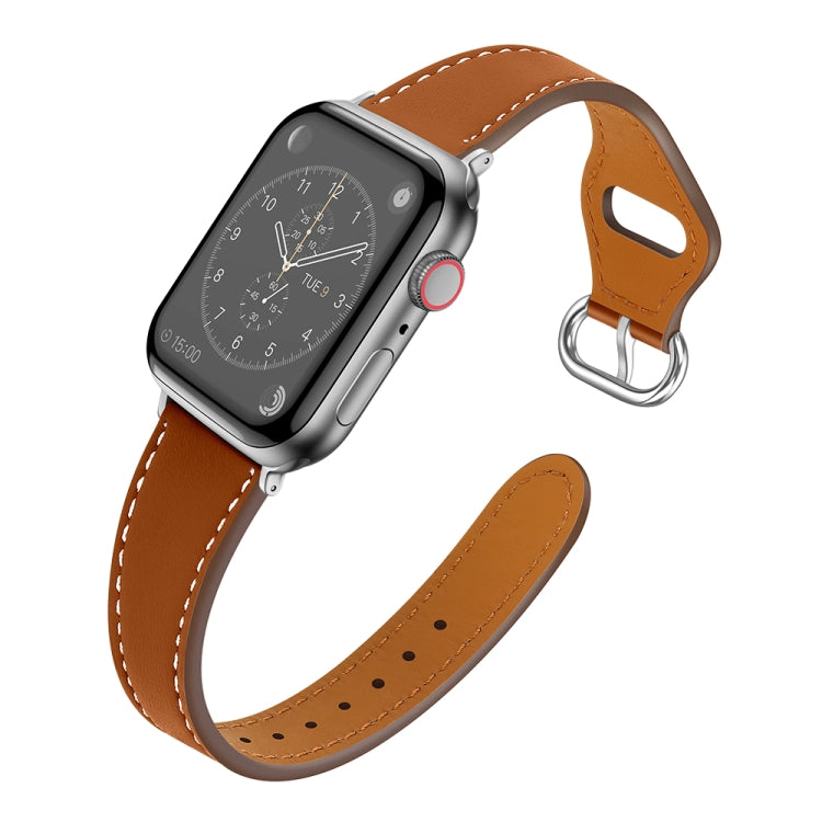 Brown leather Apple Watch band with perforations and silver loop buckle