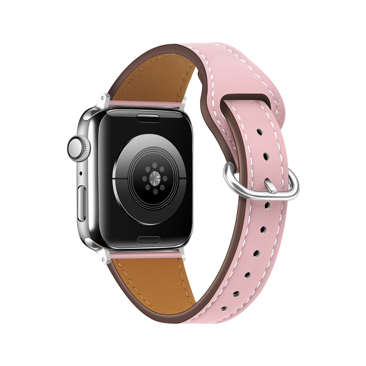 Pink leather Apple Watch band with silver buckle and white contrast stitching