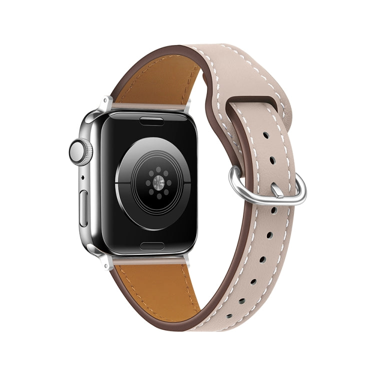 Light gray leather Apple Watch band with silver buckle and white contrast stitching