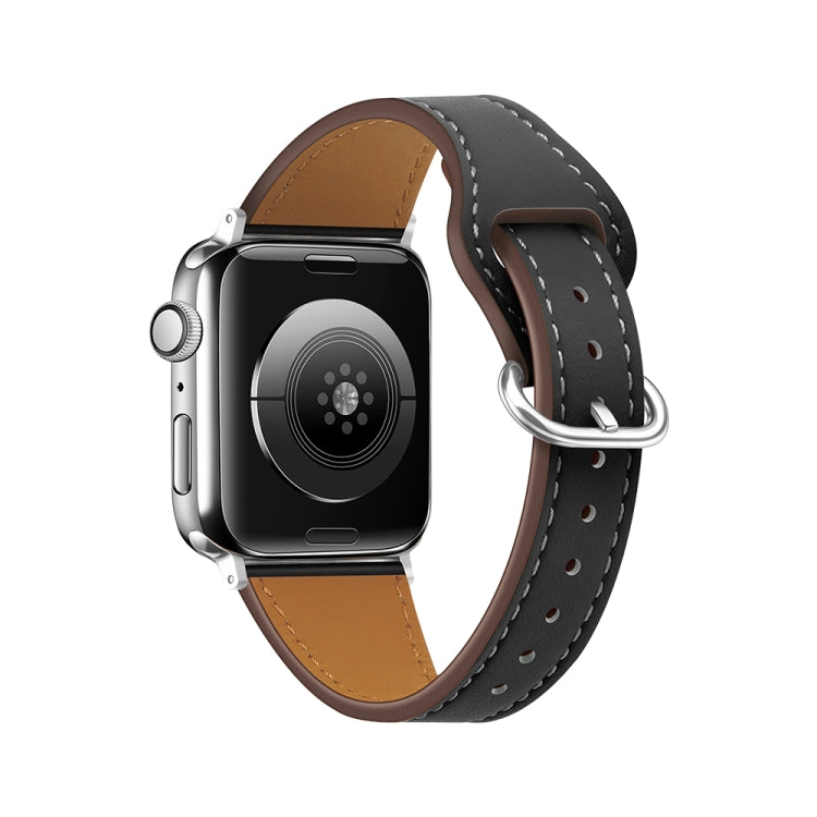 Black leather Apple Watch band with silver buckle and white contrast stitching