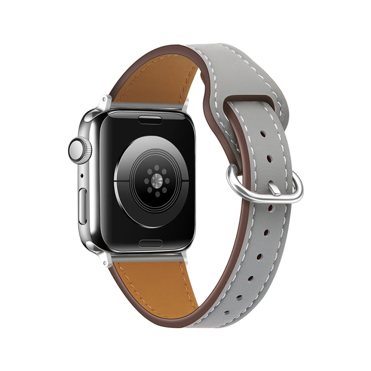 Gray leather Apple Watch band with silver buckle and white contrast stitching