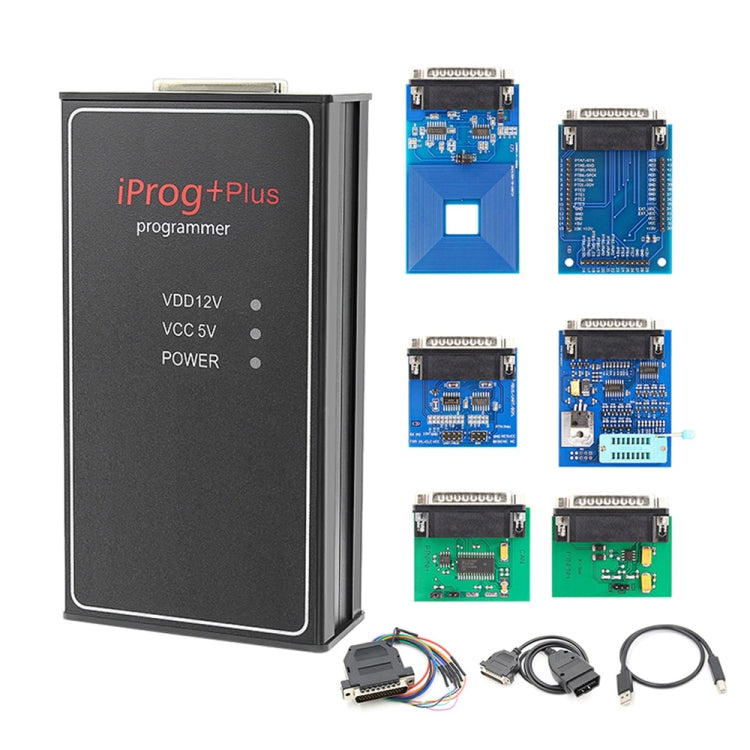 Car ECU programmer with iProgPlus case, circuit adapters, and connector cables