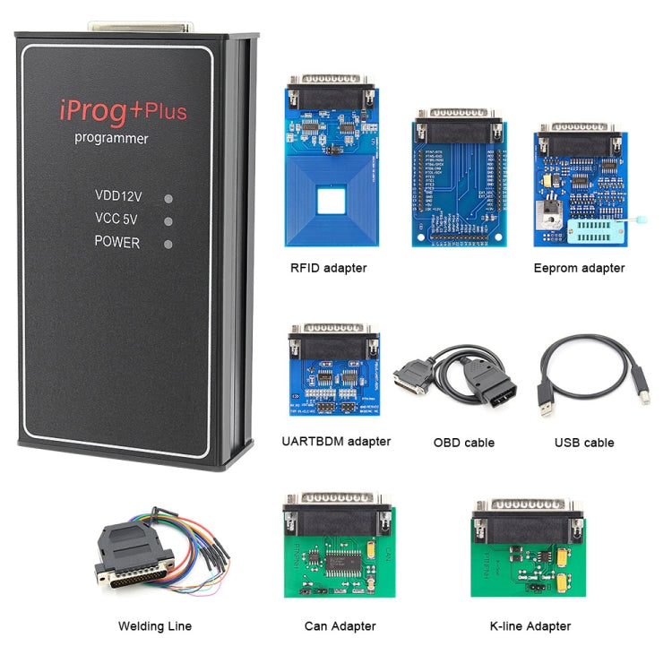 Car ECU programmer kit with multiple adapters, OBD cable, USB cable, and wiring