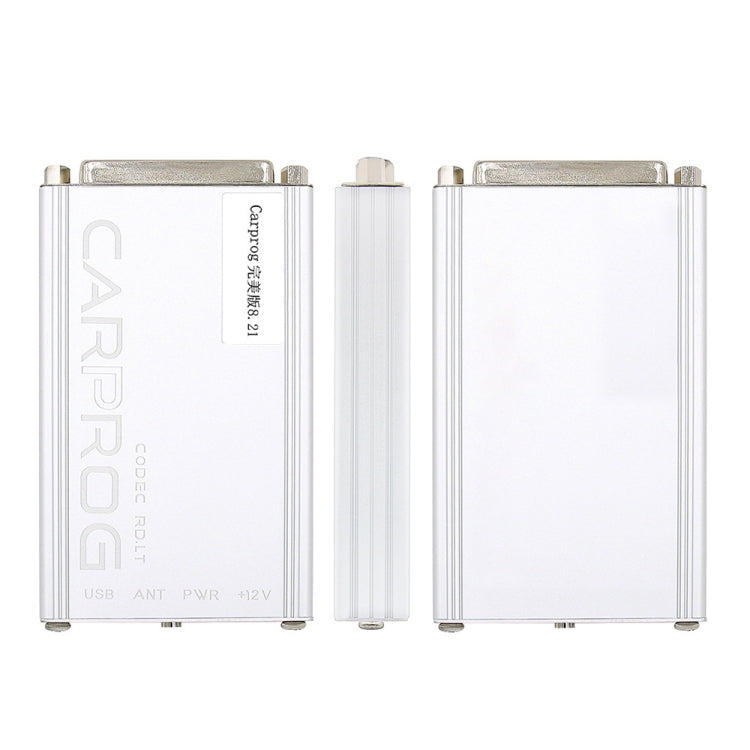 Car ECU programming interface module, silver housing with ports on both ends