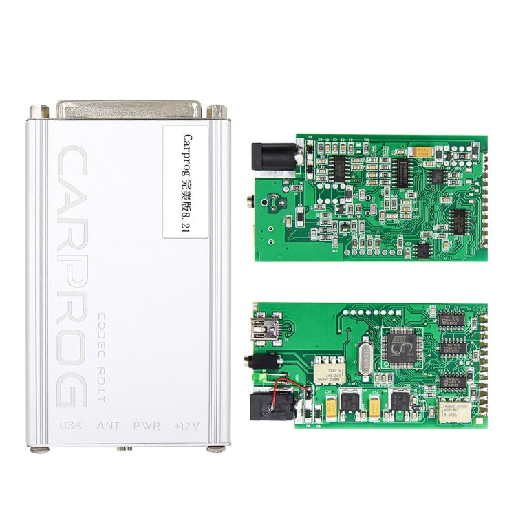 Car ECU programming interface module with green circuit board and electronic components