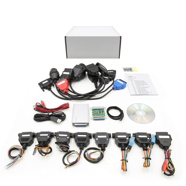 Car ECU programming kit with wiring harness, multiple ECU connectors, disc, and instructions