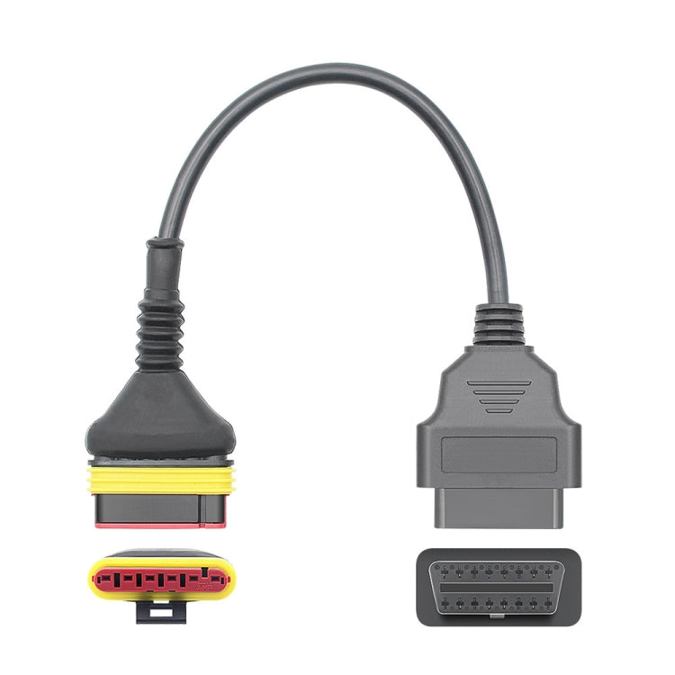 Motorcycle OBD adapter cable, 6-pin and 16-pin ends with yellow band and gray housing