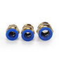 Brass pneumatic quick fitting connectors with blue collet, front-angle view of three pieces