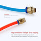 Brass pneumatic quick fitting connector with blue collet attached to blue and red hoses