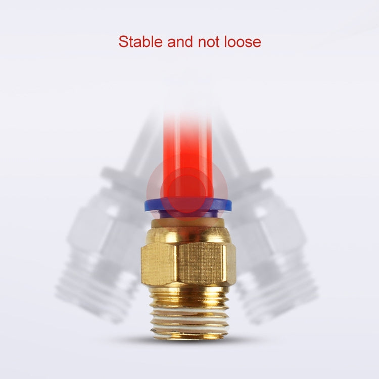Brass pneumatic quick fitting connector with blue collet, close-up with locking highlight
