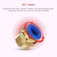Brass pneumatic quick fitting connector with blue collet, 360-degree rotation detail view