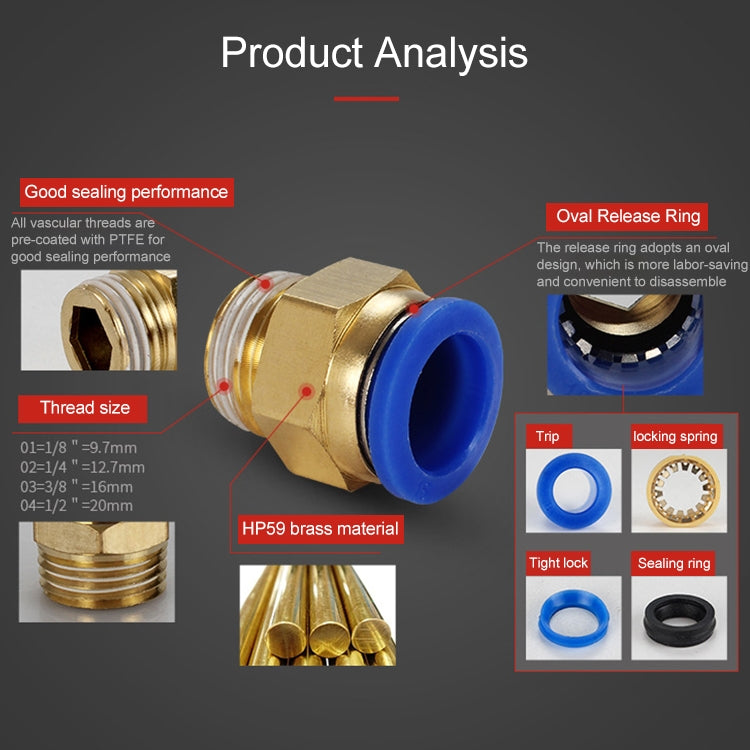 Brass pneumatic quick fitting connector with blue release ring, product analysis detail