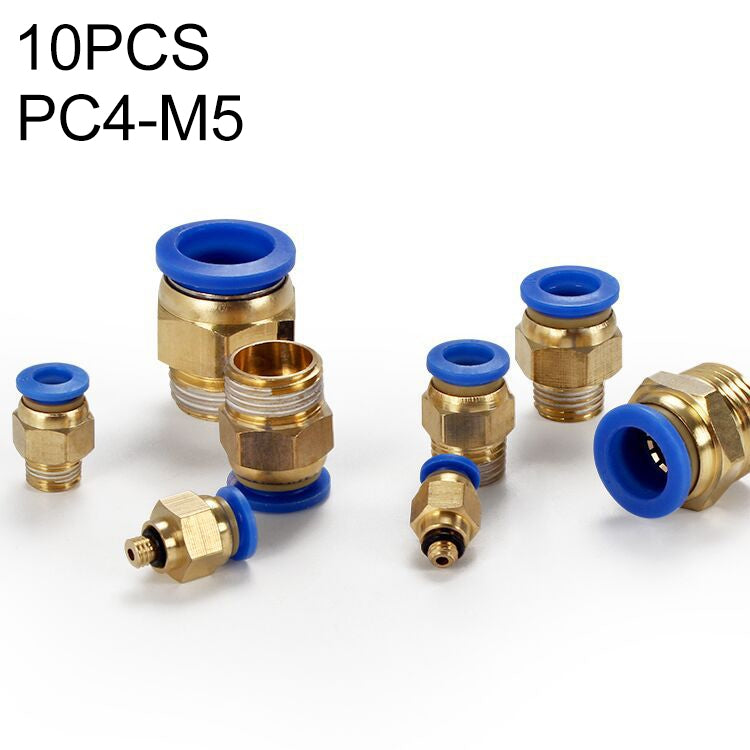 Brass straight pneumatic quick fitting connector set with blue collets, upright and side views