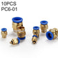 Brass pneumatic quick fitting connector set with blue push-in collets, angled outlet pieces