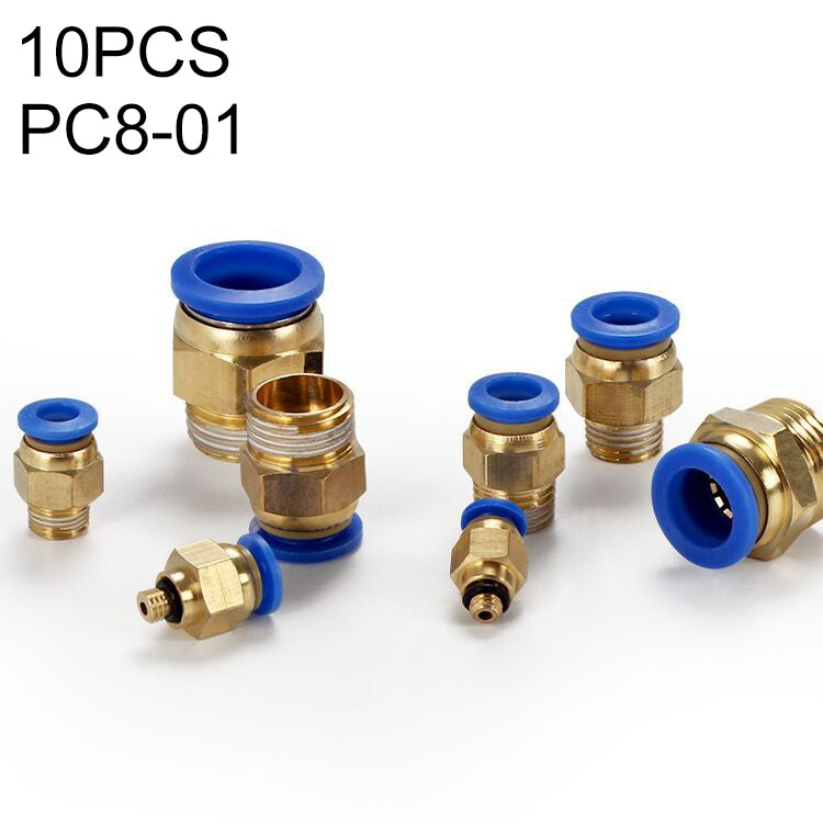 Brass pneumatic quick-connect fitting set PC8-01, straight, 10 pcs, blue ends