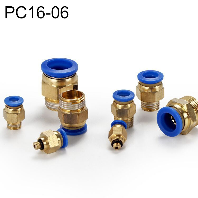 Straight pneumatic quick fitting connector, brass body with male thread and blue push-in collet (PC16-06)