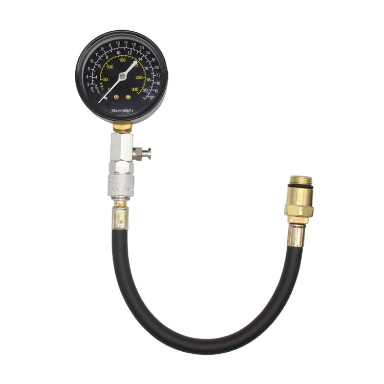 Car cylinder compression test pressure gauge with black hose and brass fittings