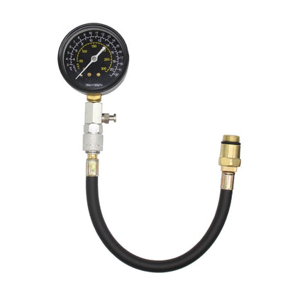 Car cylinder compression test pressure gauge with black hose and brass fittings