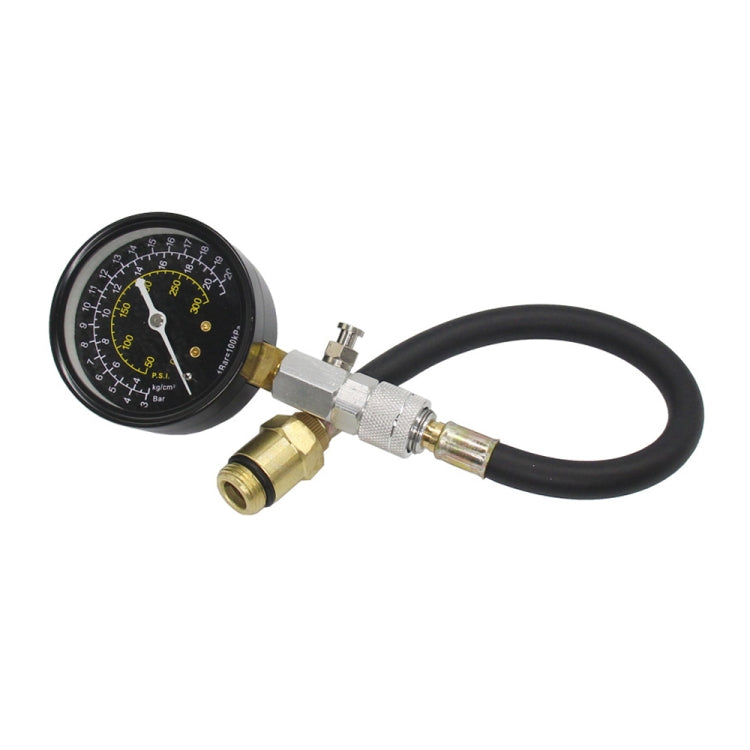Car compression test pressure gauge with round dial, metal connector, black hose