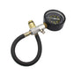 Car compression test pressure gauge with round dial, brass valve, black hose