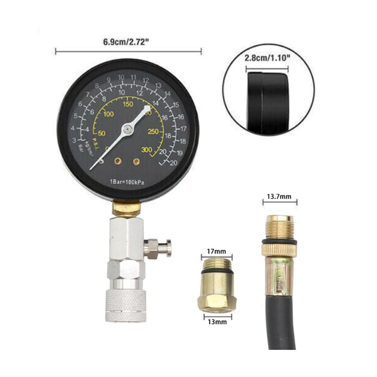 Car compression test pressure gauge set with dial and size measurements on fittings