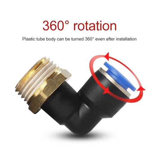 Pneumatic elbow quick connector with brass thread and blue push-in tube fitting