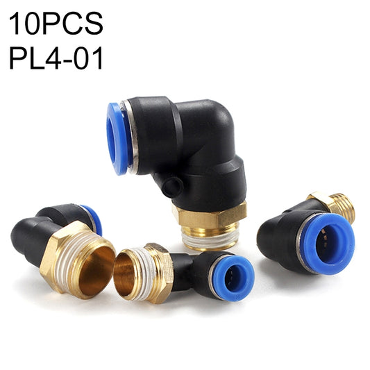 Pneumatic male threaded elbow quick connector, black housing with blue push-in ports